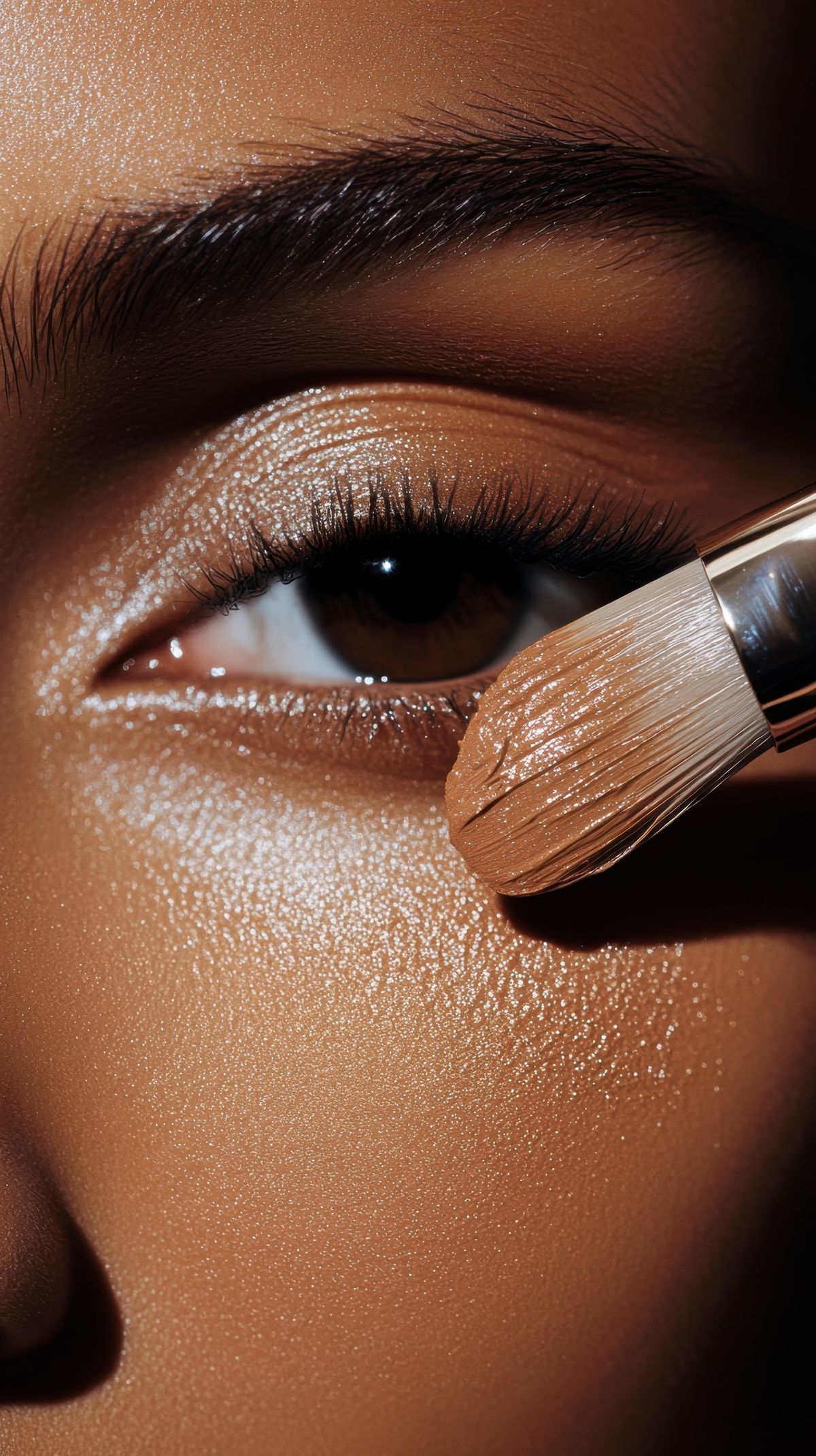 Creator applying professional makeup with a soft brush near the eye